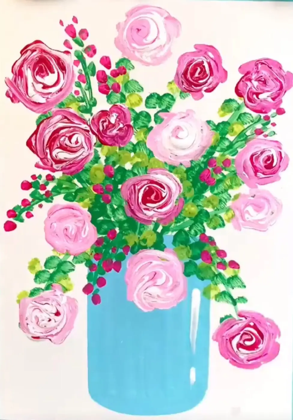 A bright acrylic painting of pink roses in a blue vase, made during an art session