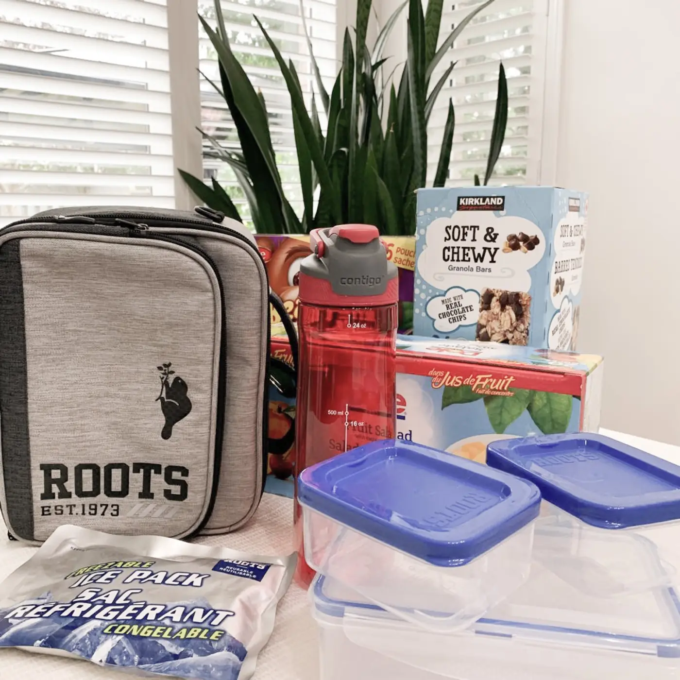 A lunch kit with an insulated lunch bag, water bottle, food containers and granola bars